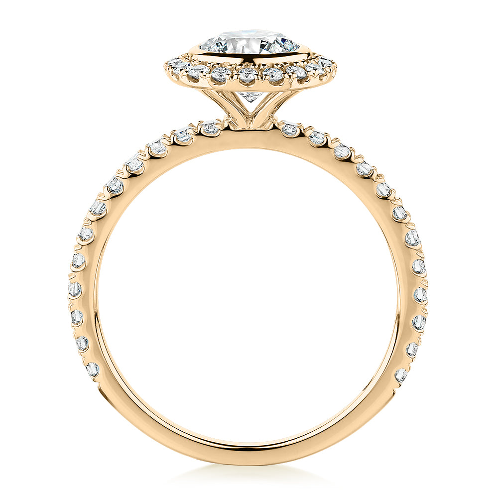 Premium Certified Laboratory Created Diamond, 1.40 carat TW round brilliant halo engagement ring in 18 carat yellow gold
