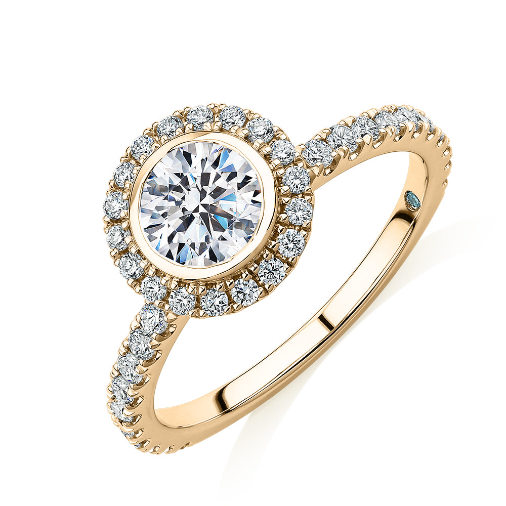 Premium Certified Laboratory Created Diamond, 1.40 carat TW round brilliant halo engagement ring in 18 carat yellow gold