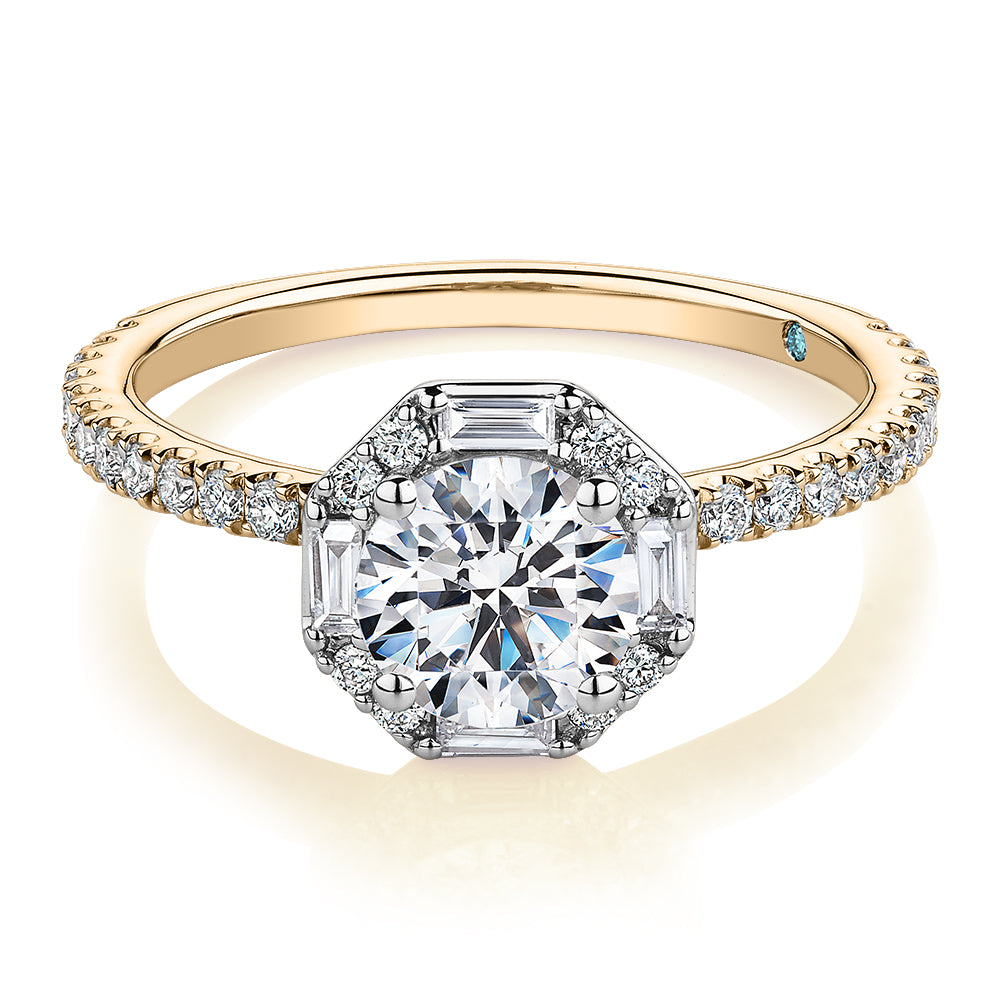 Premium Certified Laboratory Created Diamond, 1.40 carat TW round brilliant halo engagement ring in 14 carat yellow and white gold