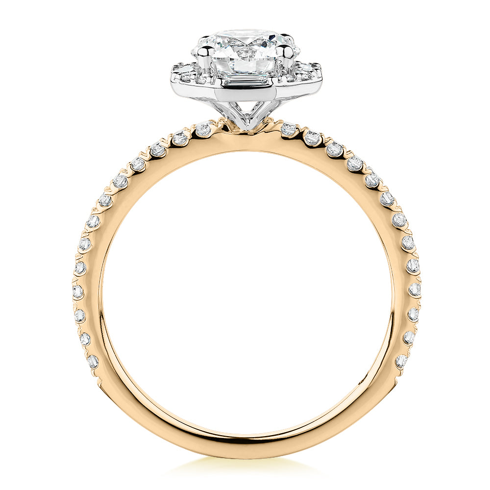 Premium Certified Laboratory Created Diamond, 1.40 carat TW round brilliant halo engagement ring in 14 carat yellow and white gold