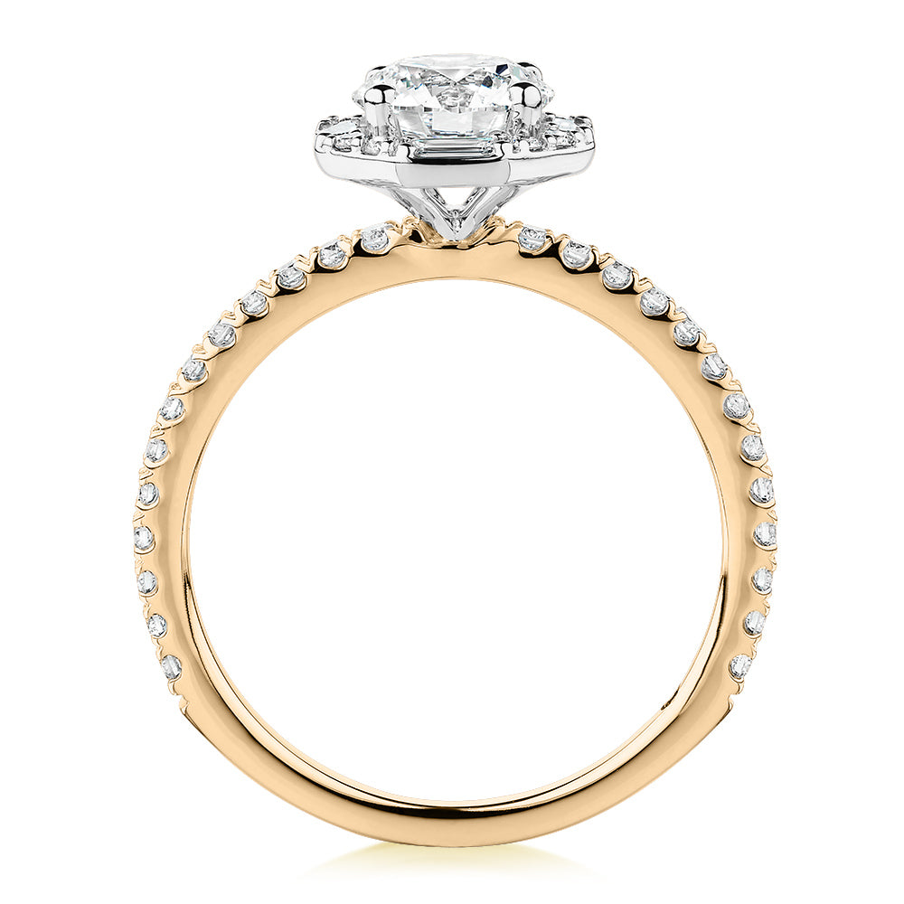 Signature Simulant Diamond 1.40 carat* TW round brilliant halo engagement ring in 14 carat yellow and white gold
