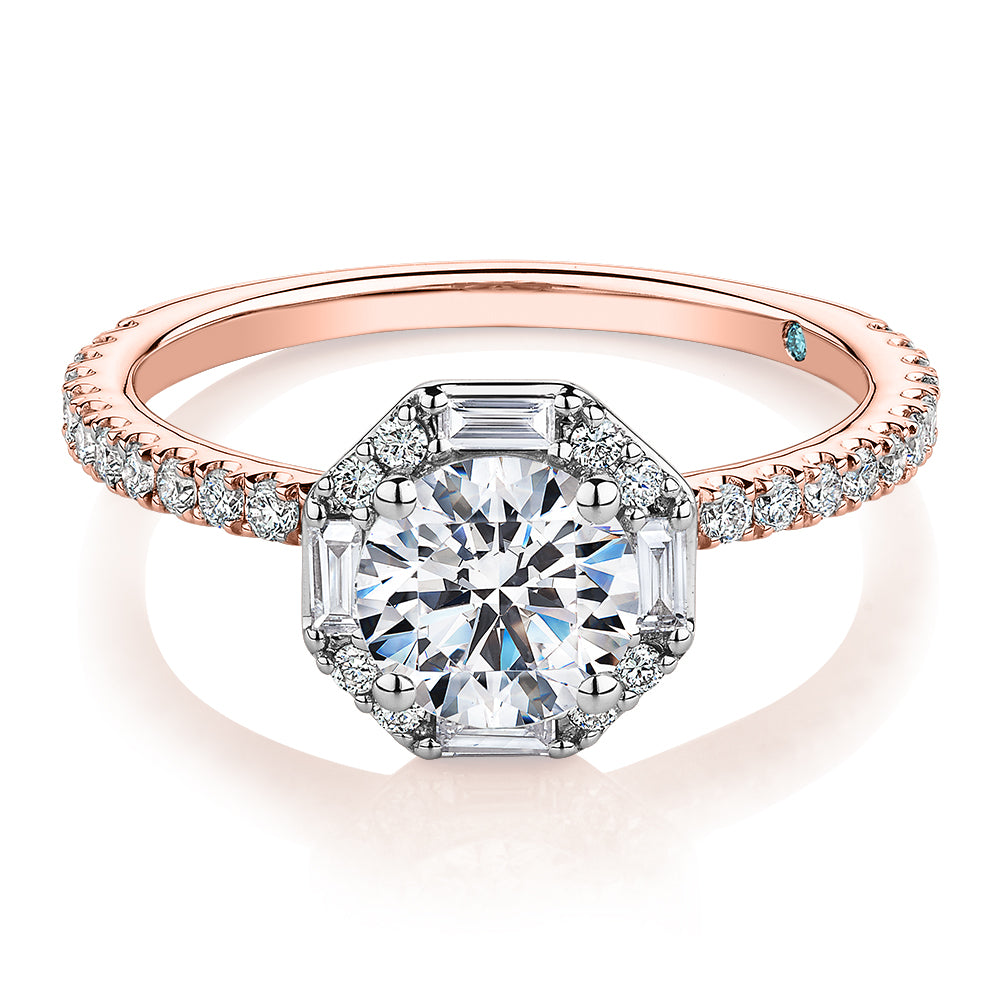 Premium Certified Laboratory Created Diamond, 1.40 carat TW round brilliant halo engagement ring in 18 carat rose and white gold