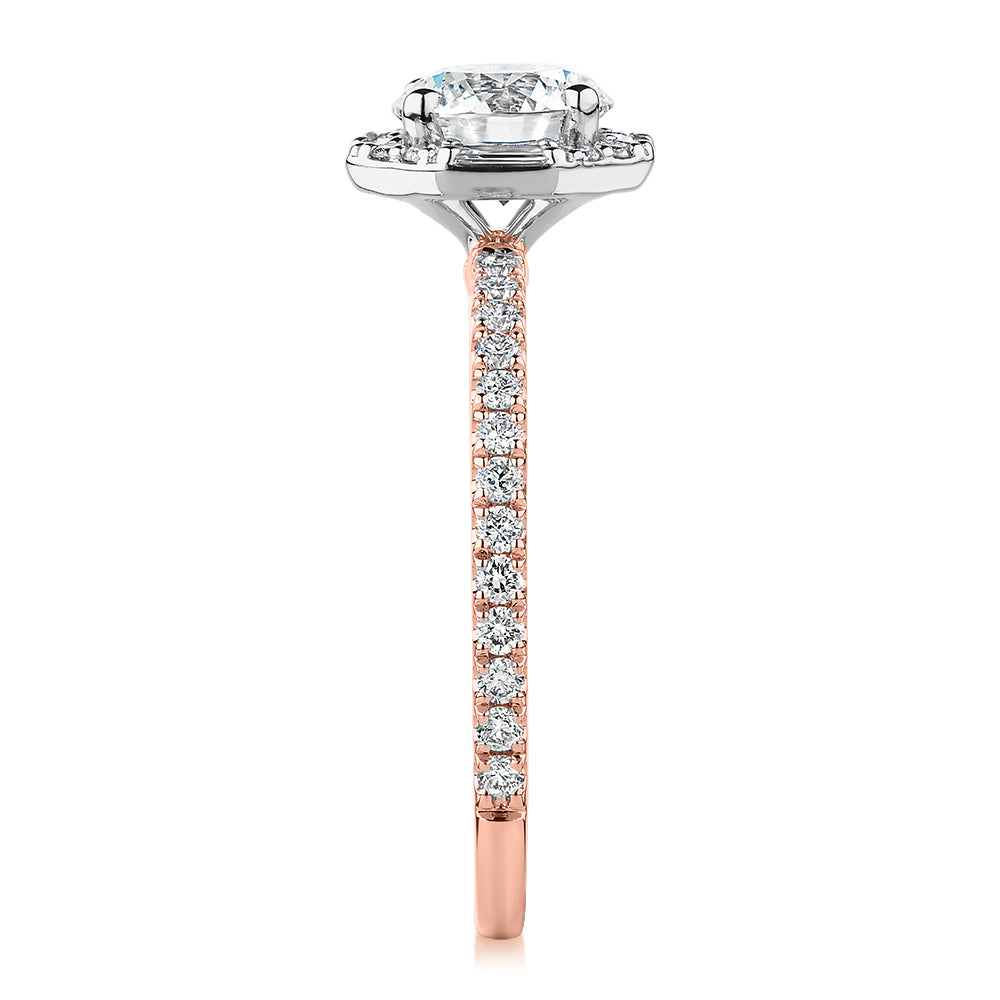 Premium Certified Laboratory Created Diamond, 1.40 carat TW round brilliant halo engagement ring in 18 carat rose and white gold