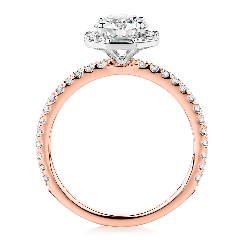 Premium Certified Laboratory Created Diamond, 1.40 carat TW round brilliant halo engagement ring in 18 carat rose and white gold