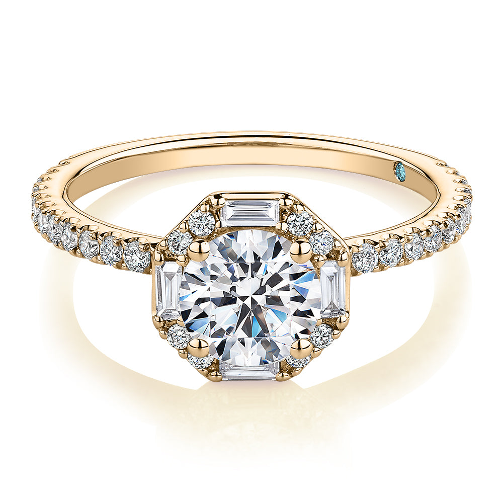 Premium Certified Laboratory Created Diamond, 1.40 carat TW round brilliant halo engagement ring in 18 carat yellow gold