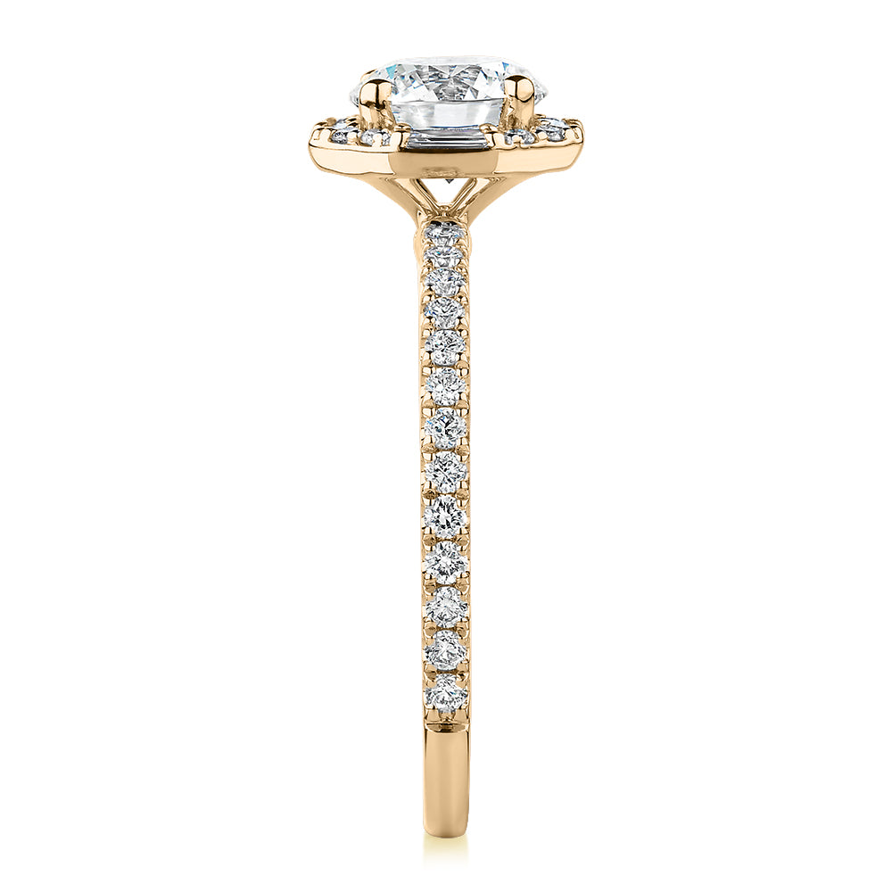 Premium Certified Laboratory Created Diamond, 1.40 carat TW round brilliant halo engagement ring in 18 carat yellow gold