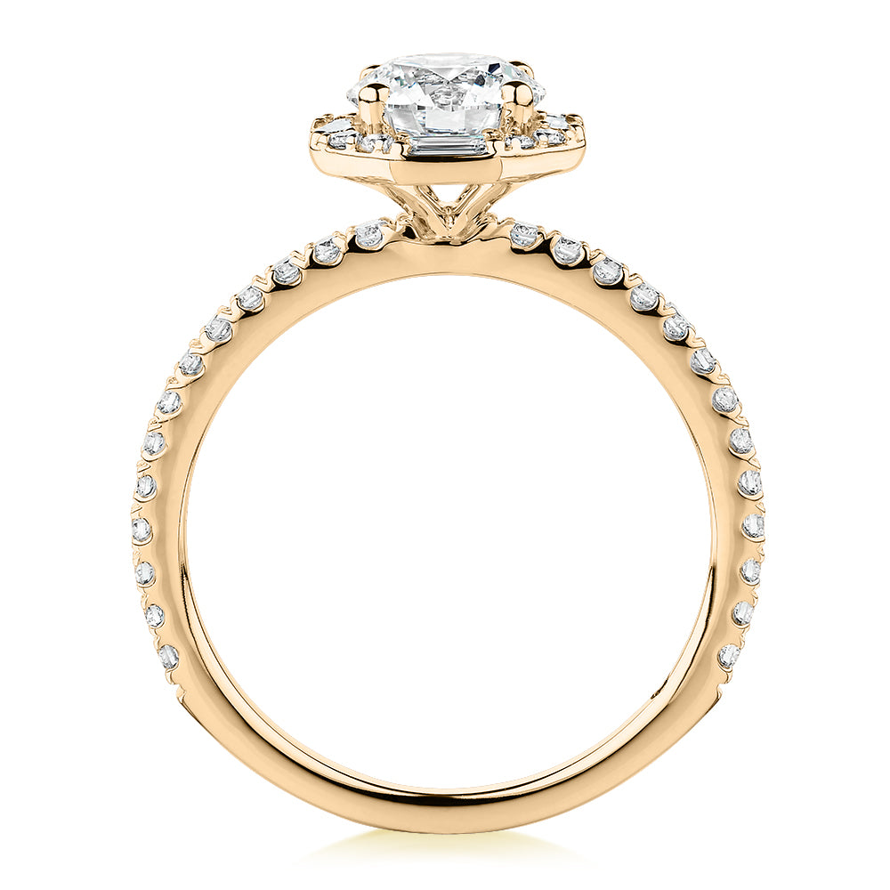 Premium Certified Laboratory Created Diamond, 1.40 carat TW round brilliant halo engagement ring in 18 carat yellow gold