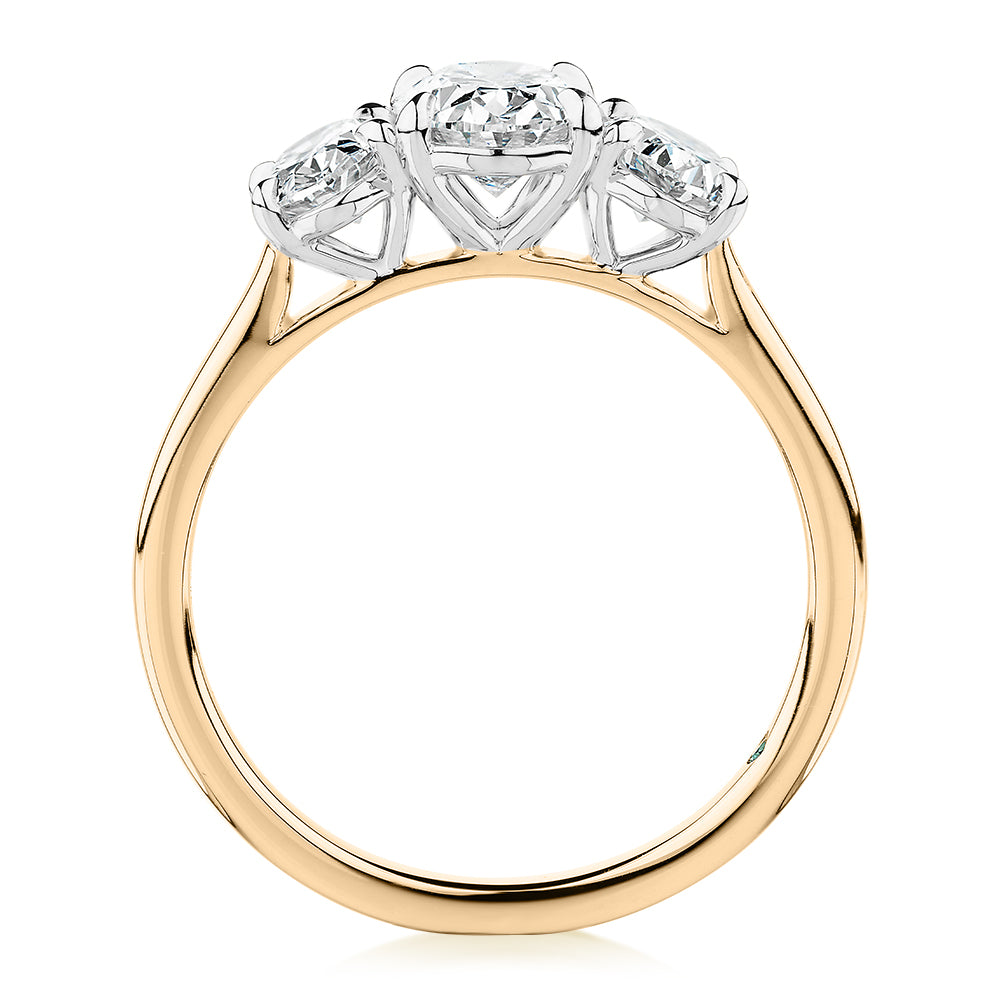 Premium Certified Lab-Grown Diamond, 1.87 carat TW oval three stone ring in 14 carat yellow and white gold