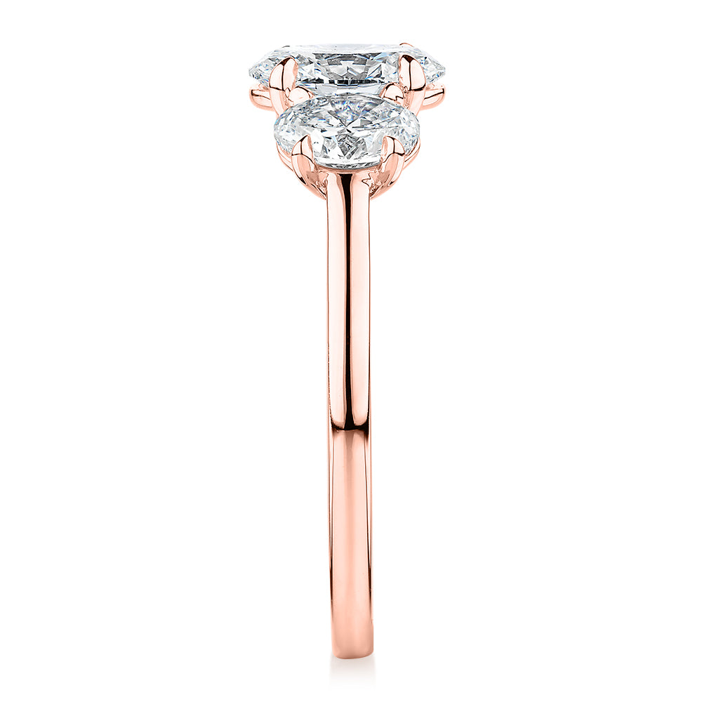 Premium Certified Lab-Grown Diamond, 1.87 carat TW oval three stone ring in 14 carat rose gold