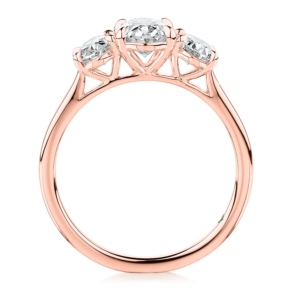 Premium Certified Lab-Grown Diamond, 1.87 carat TW oval three stone ring in 14 carat rose gold