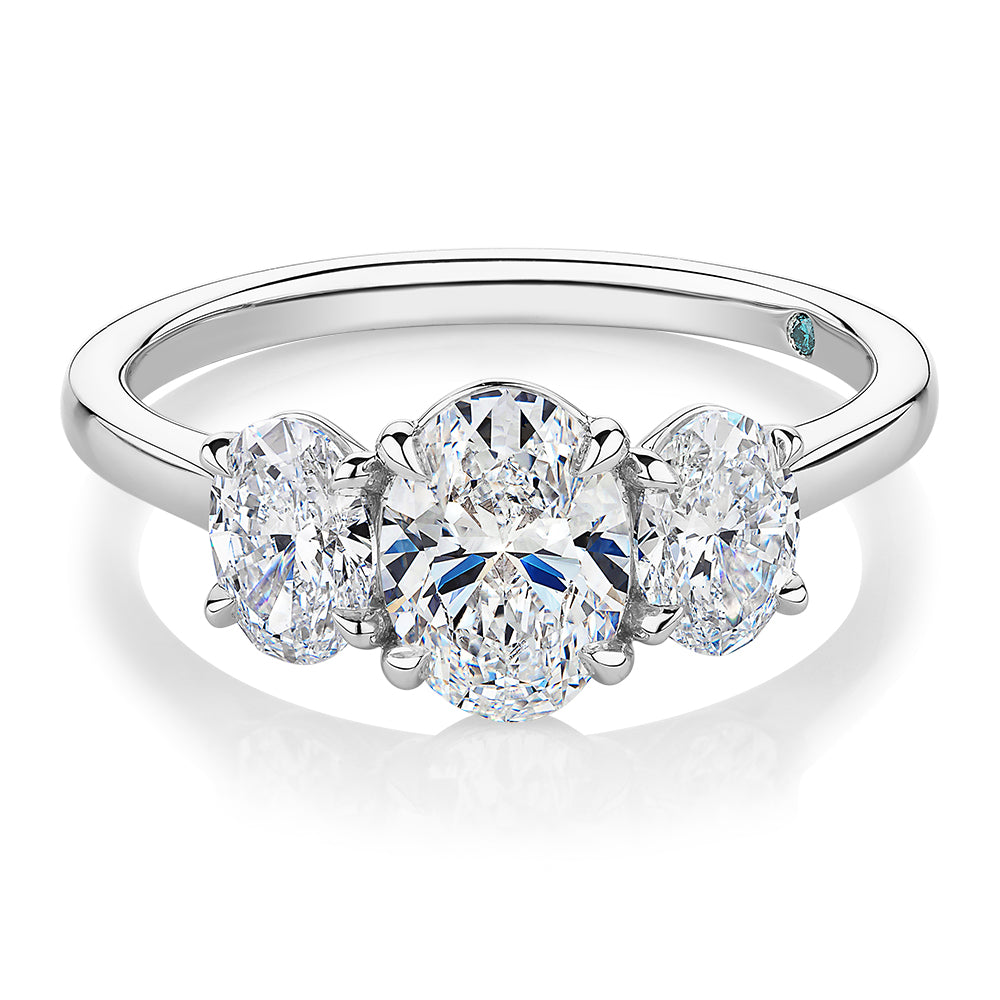 Premium Certified Laboratory Created Diamond, 1.87 carat TW oval three stone ring in 14 carat white gold