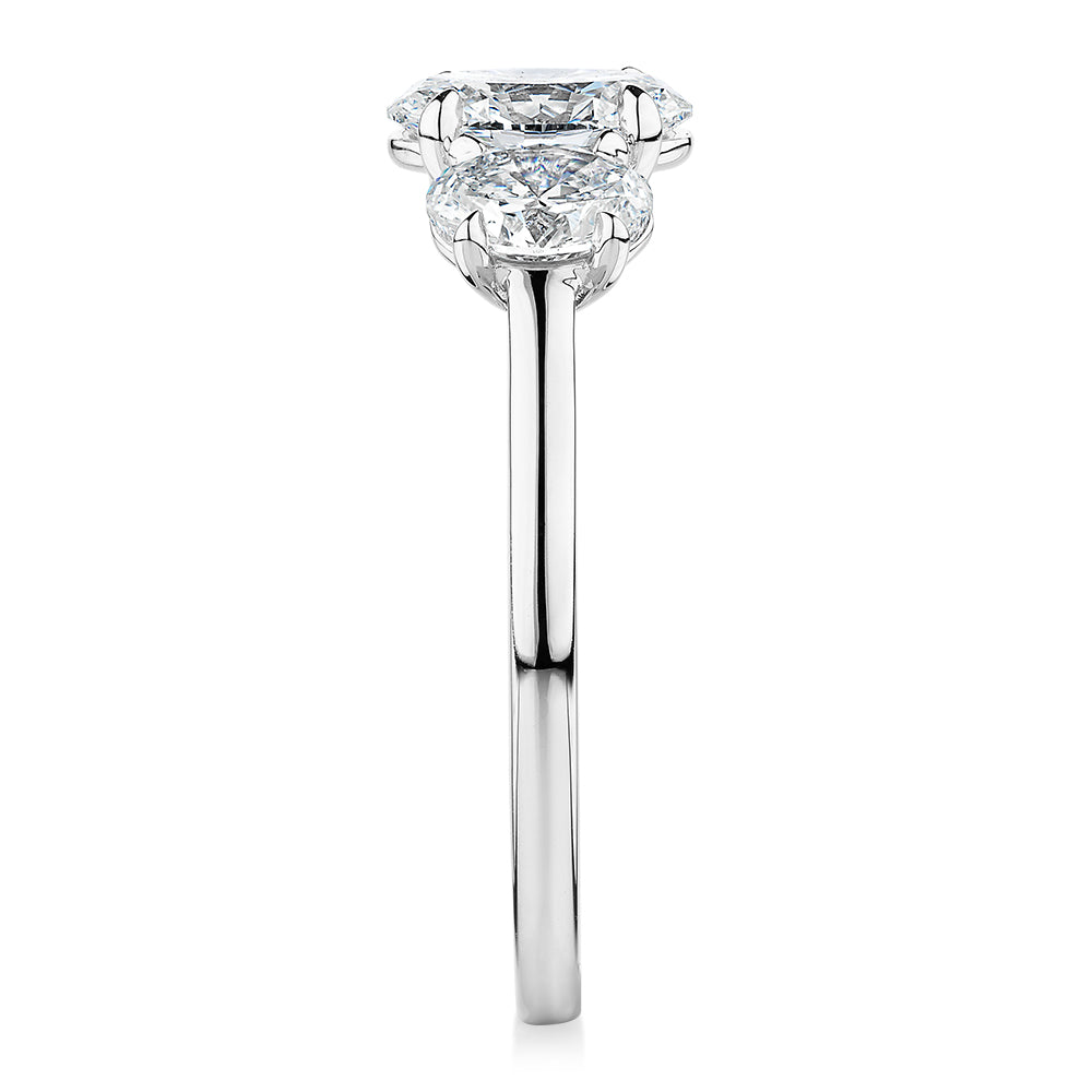 Premium Certified Laboratory Created Diamond, 1.87 carat TW oval three stone ring in 14 carat white gold