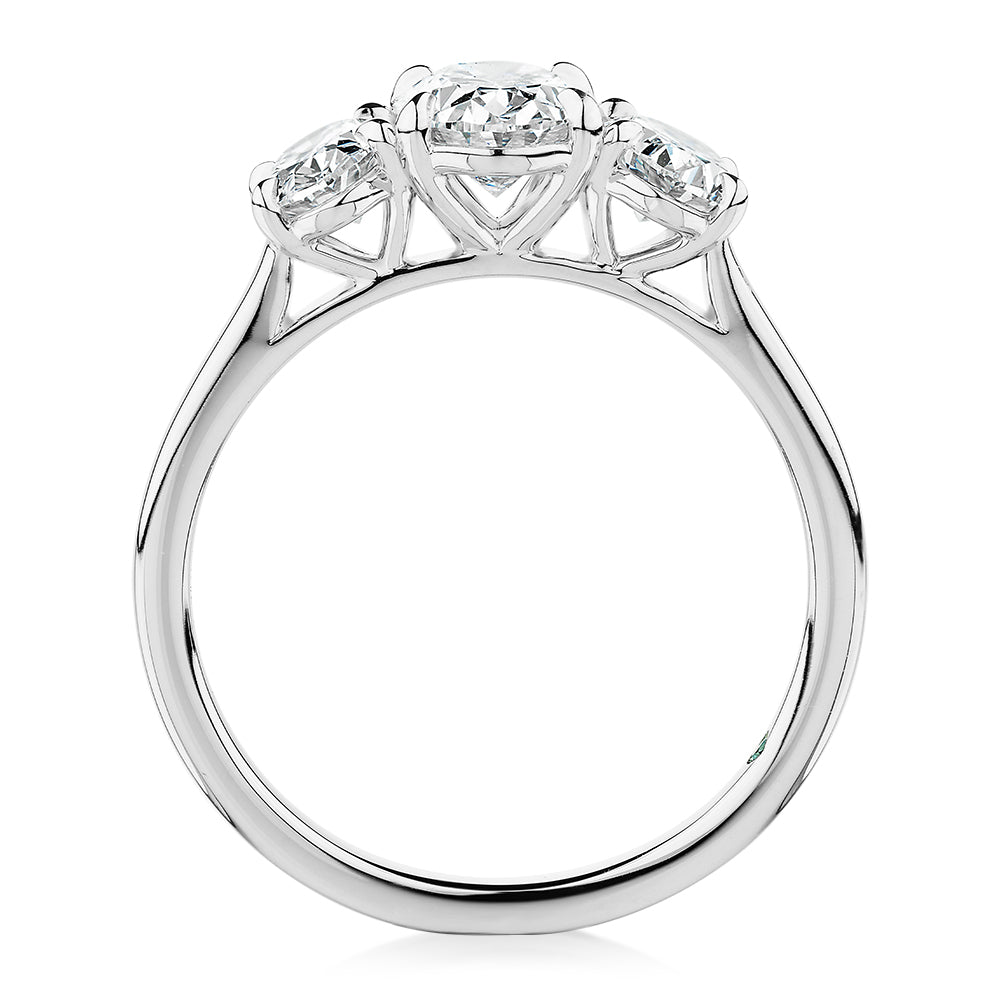 Premium Certified Laboratory Created Diamond, 1.87 carat TW oval three stone ring in 14 carat white gold