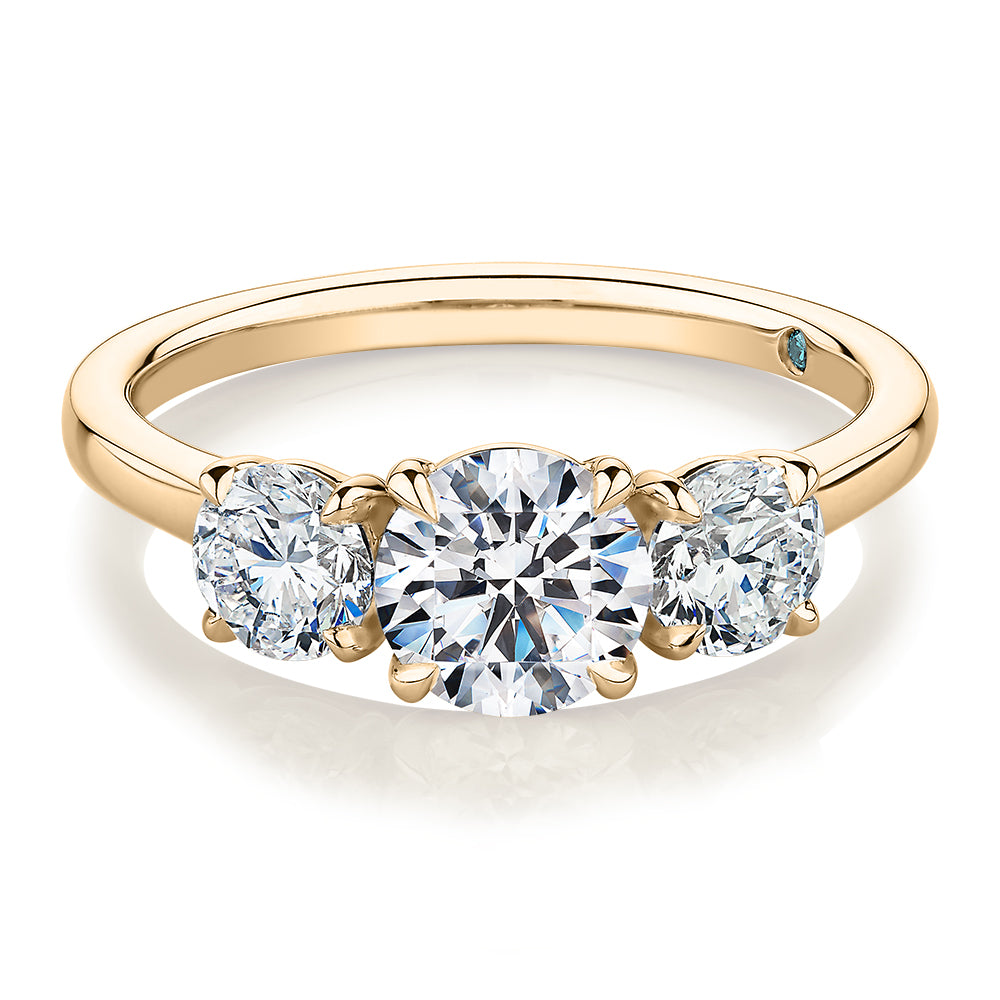 Premium Certified Laboratory Created Diamond, 1.86 carat TW round brilliant three stone ring in 18 carat yellow gold
