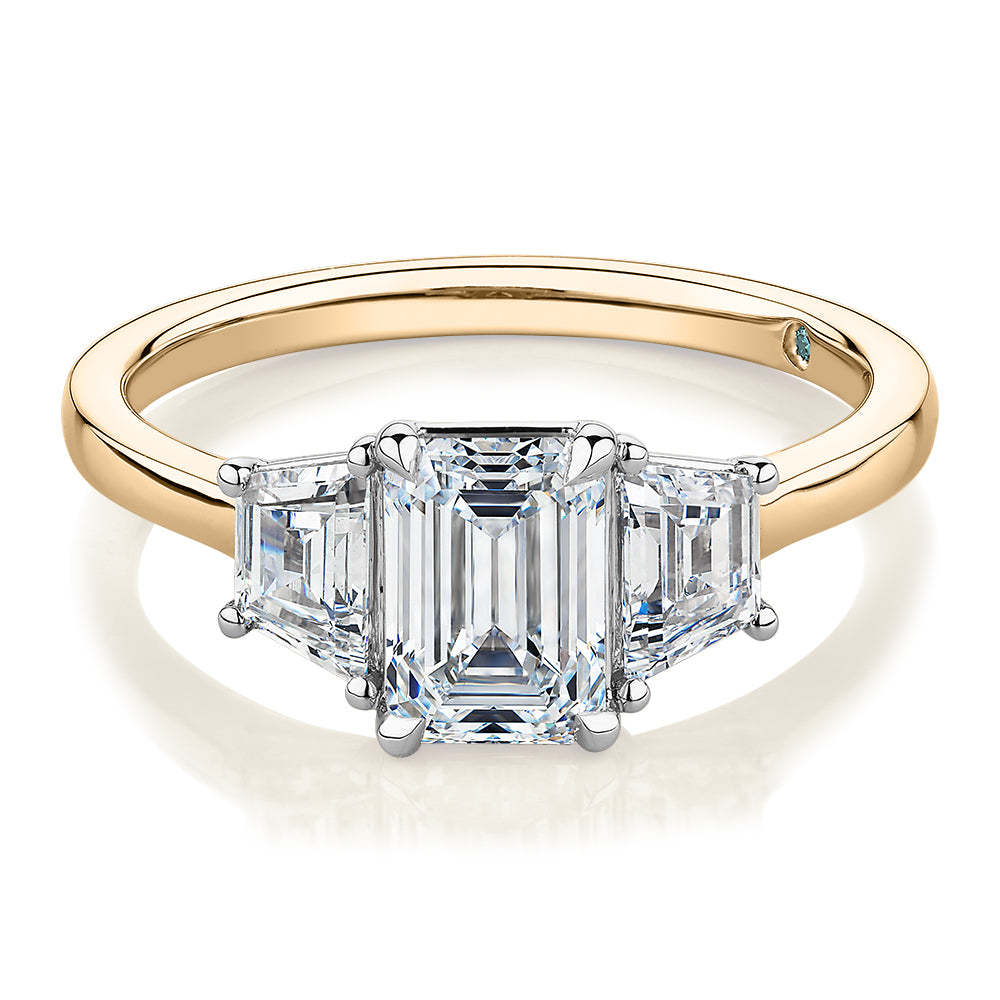 Premium Certified Lab-Grown Diamond, 1.87 carat TW emerald cut three stone ring in 14 carat yellow and white gold