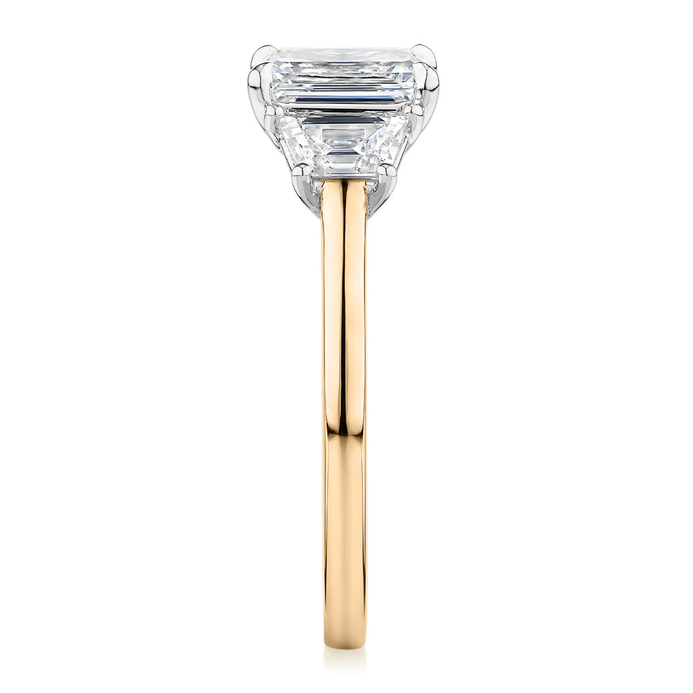 Premium Certified Lab-Grown Diamond, 1.87 carat TW emerald cut three stone ring in 14 carat yellow and white gold