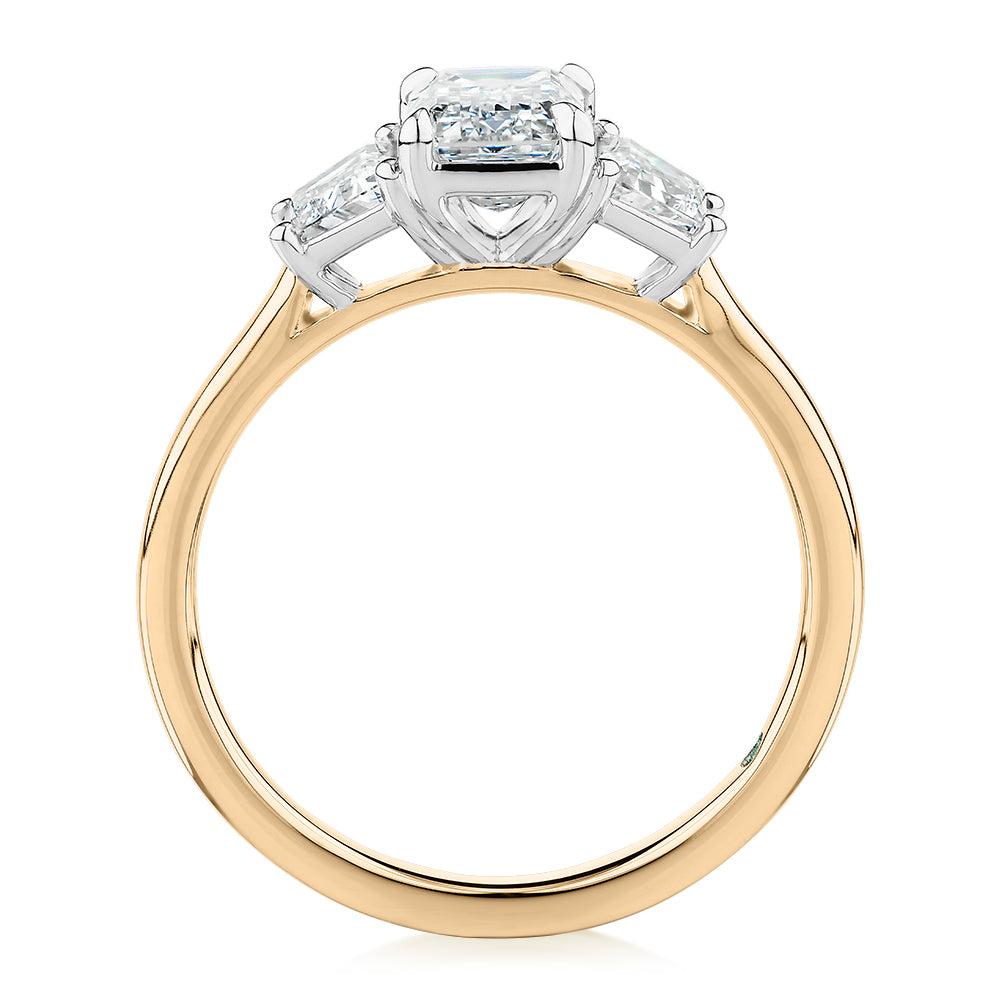 Premium Certified Lab-Grown Diamond, 1.87 carat TW emerald cut three stone ring in 14 carat yellow and white gold