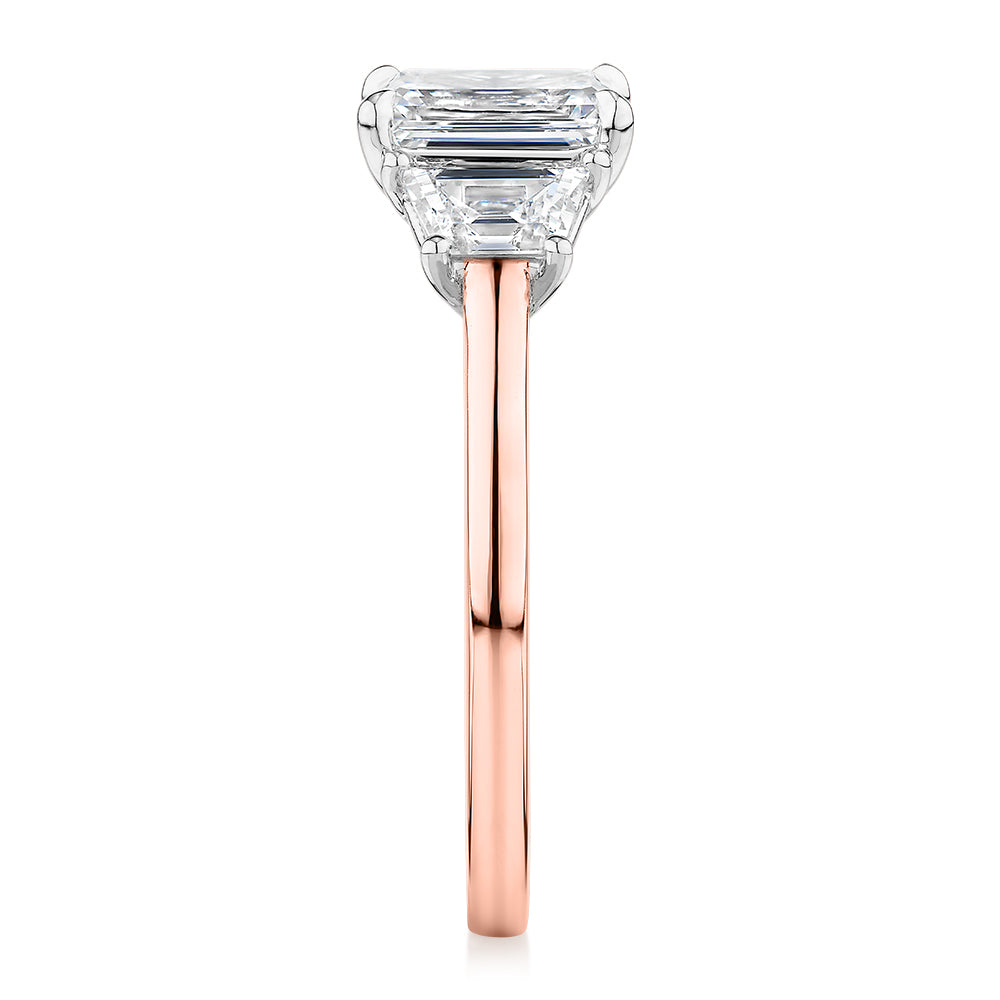 Premium Certified Lab-Grown Diamond, 1.87 carat TW emerald cut three stone ring in 14 carat rose and white gold