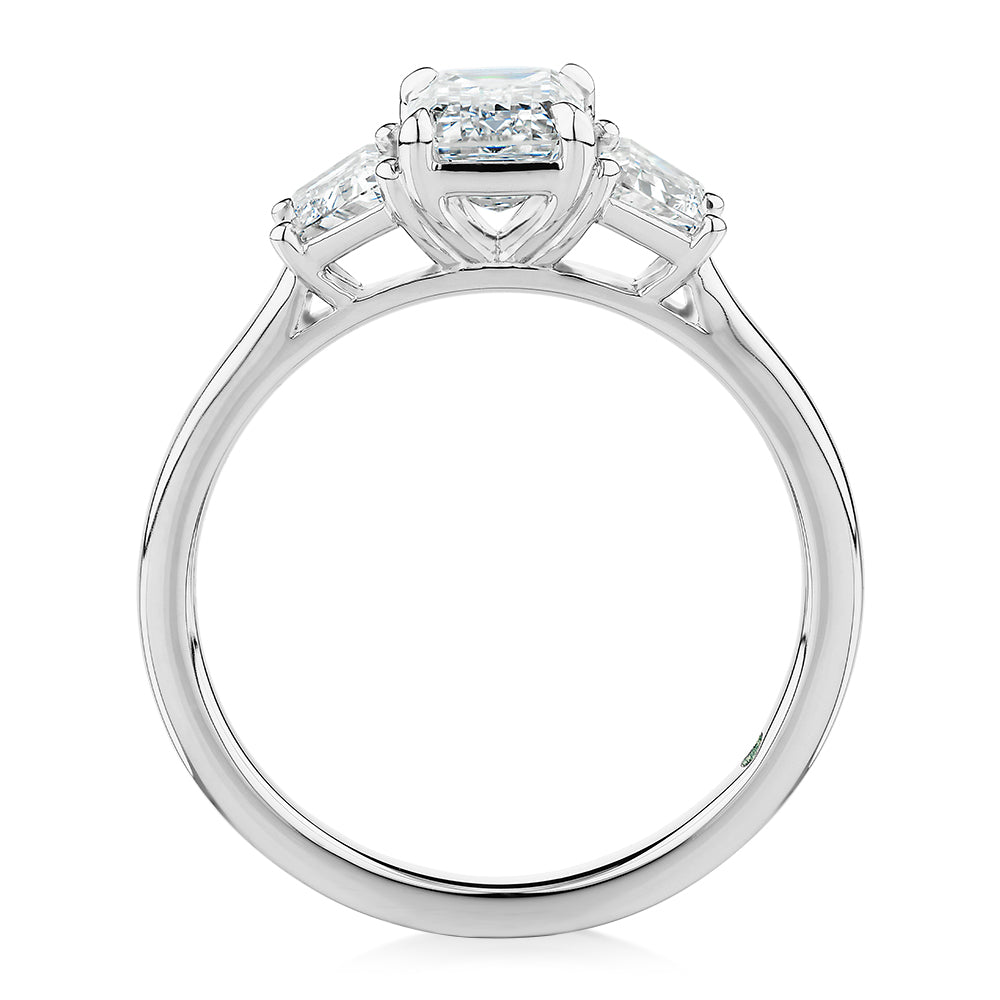 Premium Certified Laboratory Created Diamond, 1.87 carat TW emerald cut three stone ring in platinum