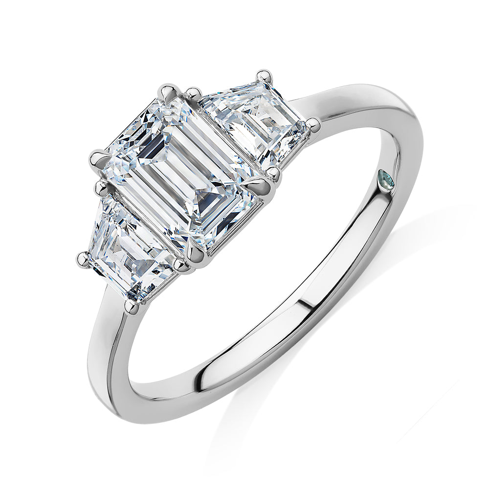 Premium Certified Laboratory Created Diamond, 1.87 carat TW emerald cut three stone ring in platinum