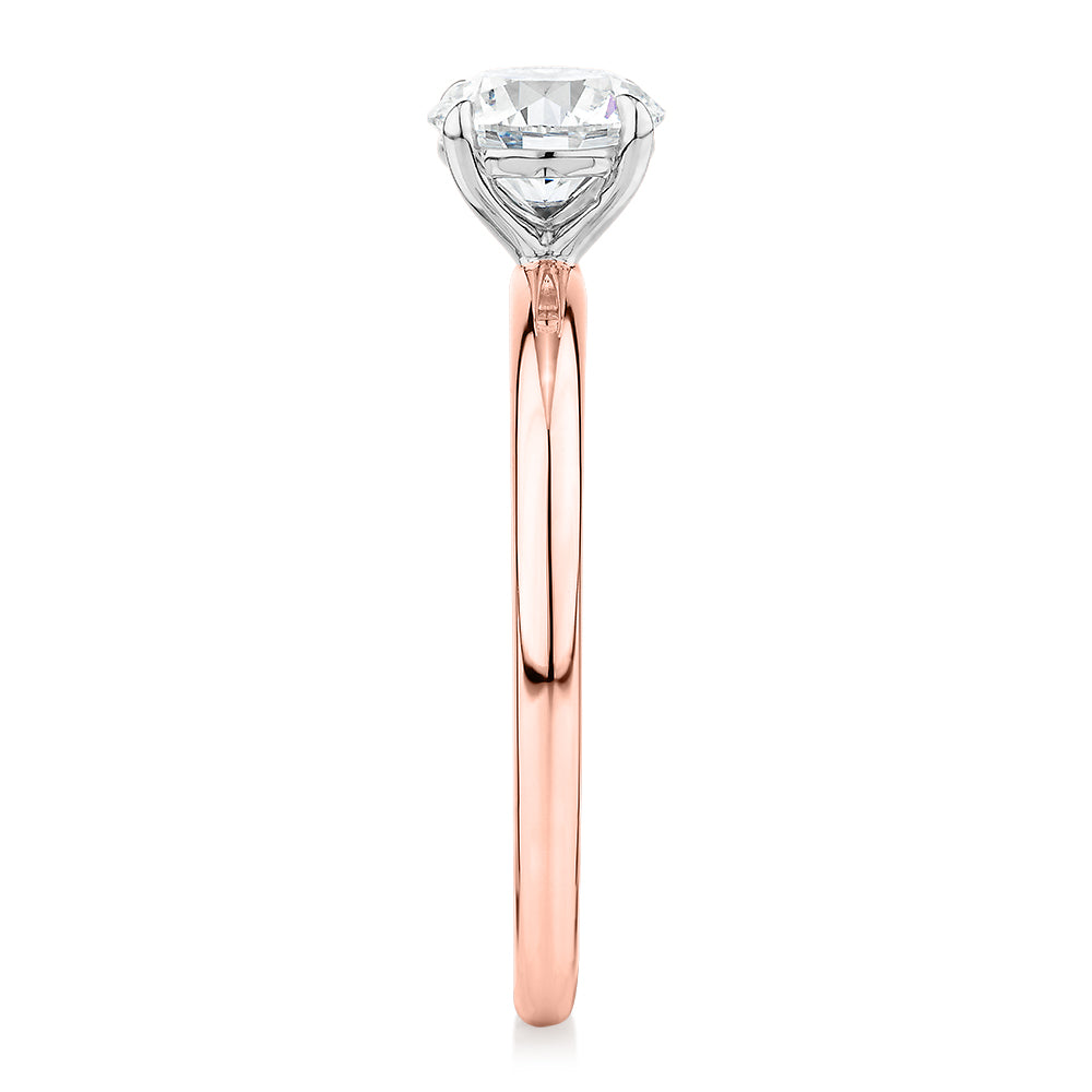 Premium Certified Laboratory Created Diamond, 1.00 carat round brilliant solitaire engagement ring in 18 carat rose and white gold