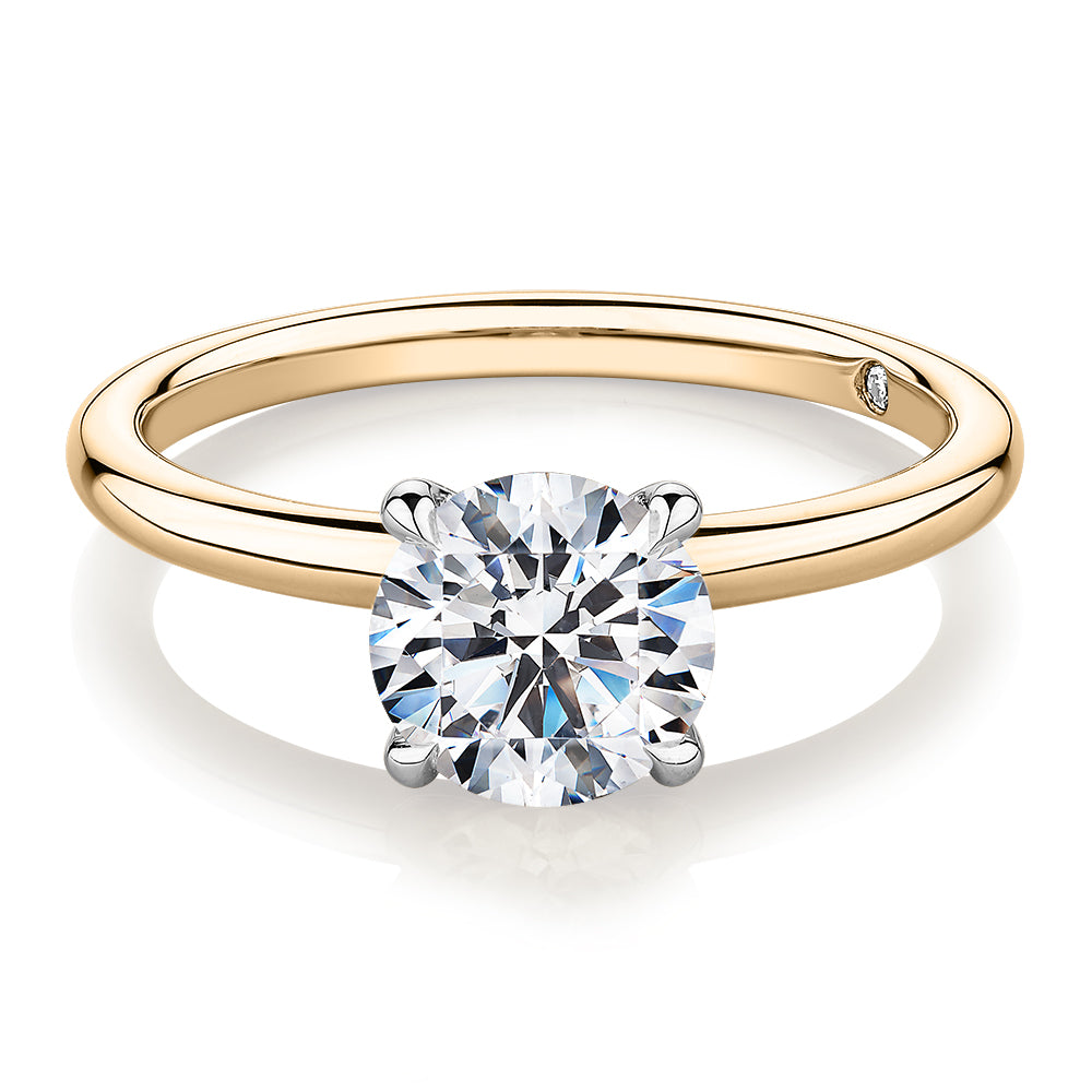 Signature Simulant Diamond 1.50 carat* round brilliant solitaire engagement ring in 14 carat yellow and white gold
