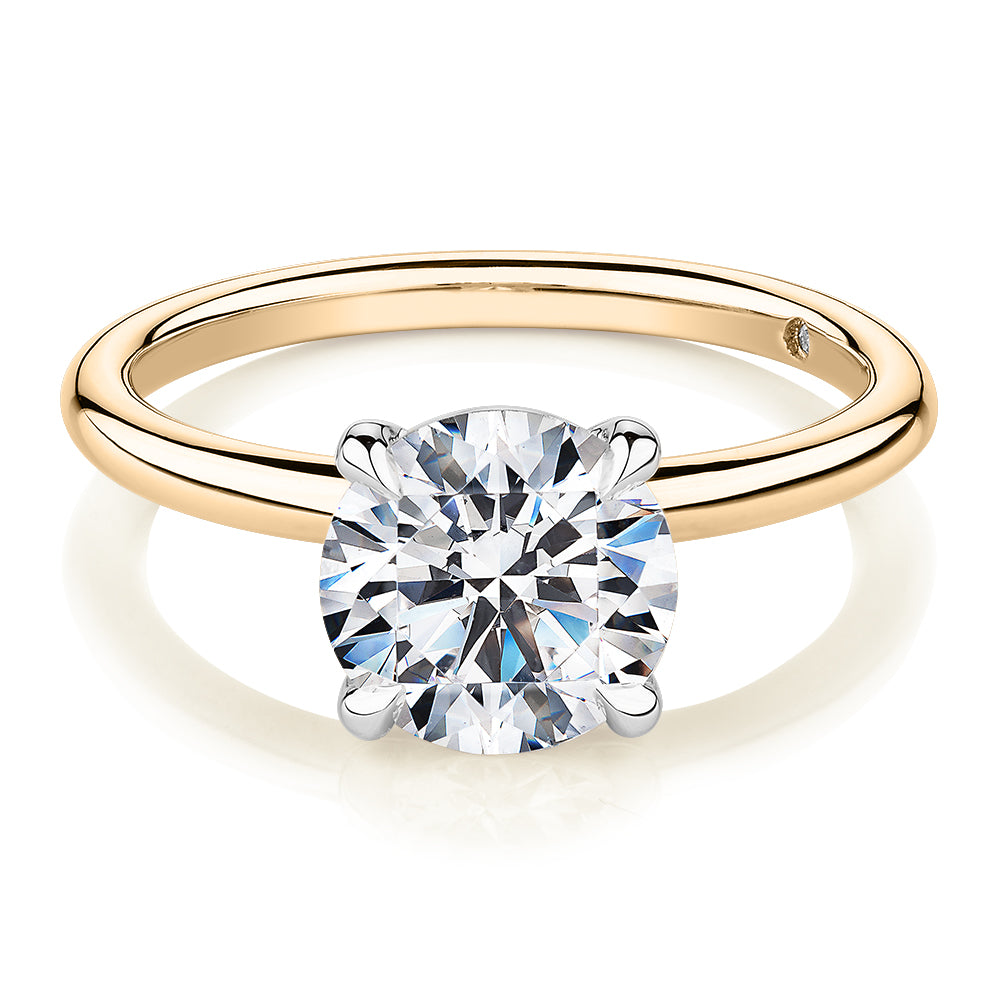 Signature Simulant Diamond 2.00 carat* round brilliant solitaire engagement ring in 14 carat yellow and white gold