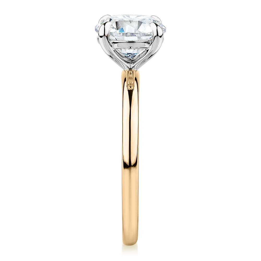 Signature Simulant Diamond 2.00 carat* round brilliant solitaire engagement ring in 14 carat yellow and white gold