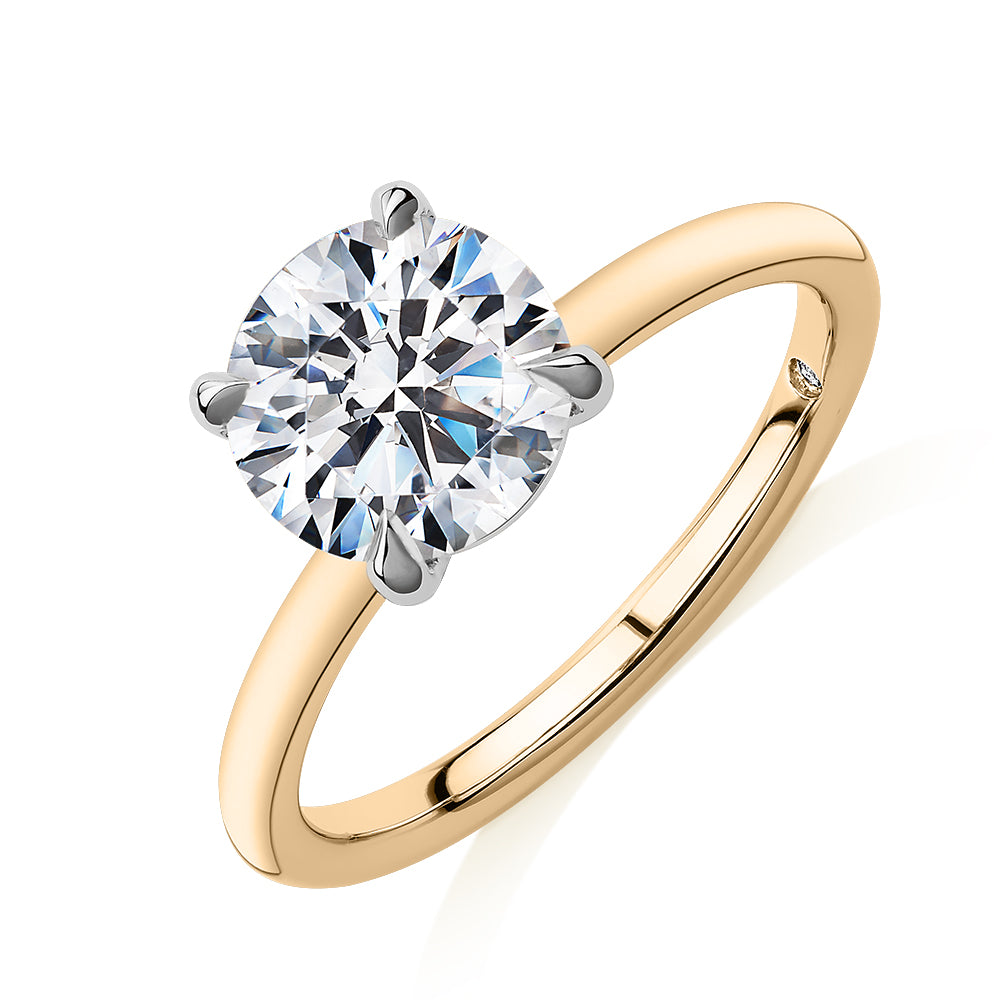 Signature Simulant Diamond 2.00 carat* round brilliant solitaire engagement ring in 14 carat yellow and white gold