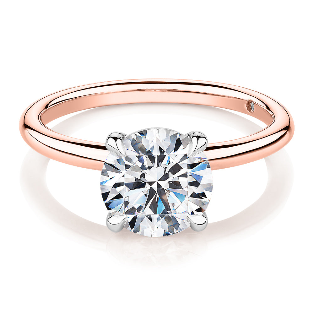 Signature Simulant Diamond 2.00 carat* round brilliant solitaire engagement ring in 14 carat rose and white gold
