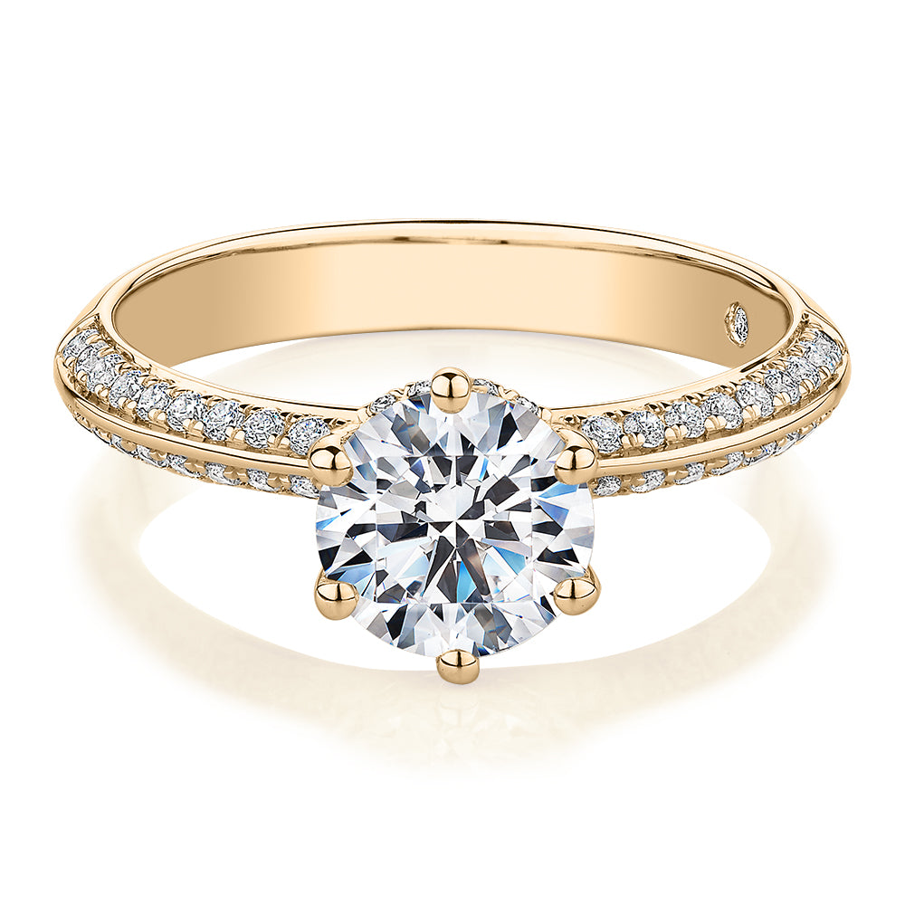 Signature Simulant Diamond 1.86 carat* TW round brilliant shouldered solitaire engagement ring in 14 carat yellow gold