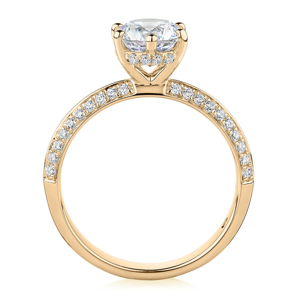 Signature Simulant Diamond 1.86 carat* TW round brilliant shouldered solitaire engagement ring in 14 carat yellow gold