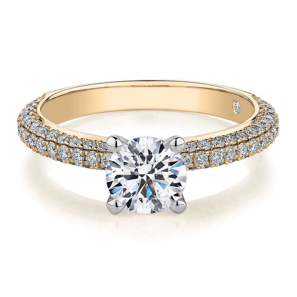 Signature Simulant Diamond 1.55 carat* TW round brilliant shouldered solitaire engagement ring in 14 carat yellow and white gold