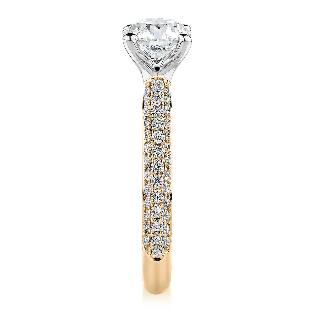 Signature Simulant Diamond 1.55 carat* TW round brilliant shouldered solitaire engagement ring in 14 carat yellow and white gold