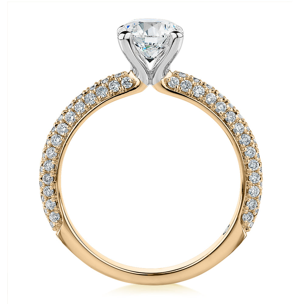 Signature Simulant Diamond 1.55 carat* TW round brilliant shouldered solitaire engagement ring in 14 carat yellow and white gold