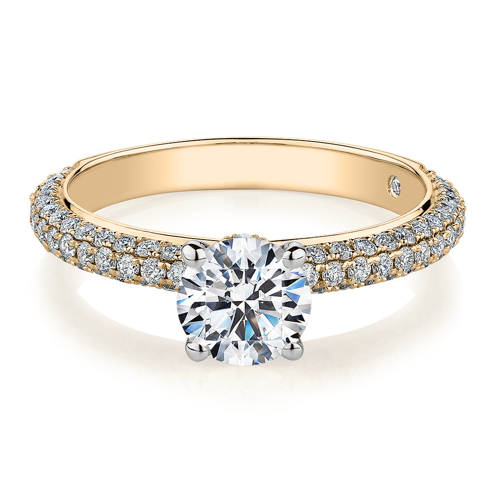 Signature Simulant Diamond 1.62 carat* TW round brilliant shouldered solitaire engagement ring in 14 carat rose and white gold