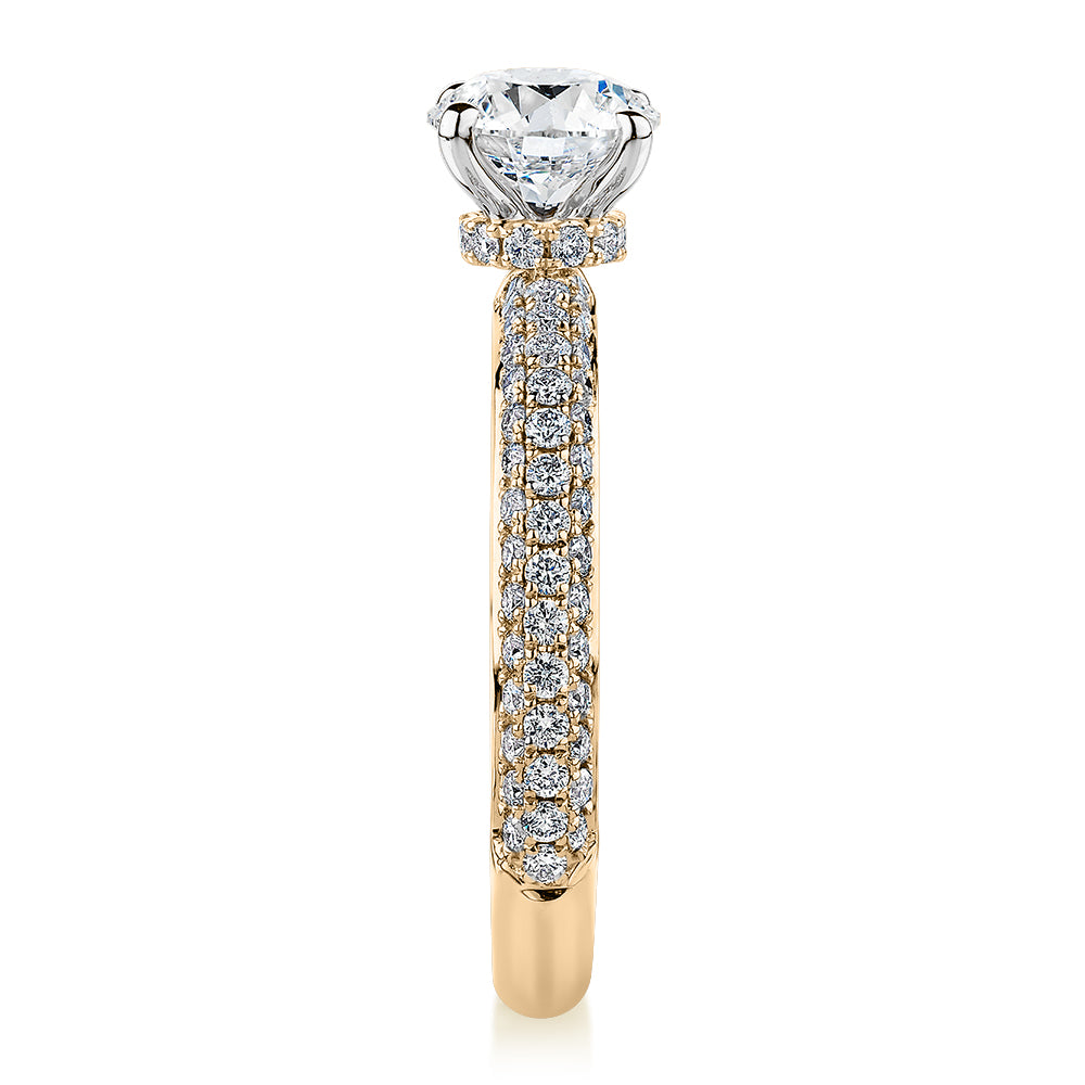 Signature Simulant Diamond 1.62 carat* TW round brilliant shouldered solitaire engagement ring in 14 carat rose and white gold