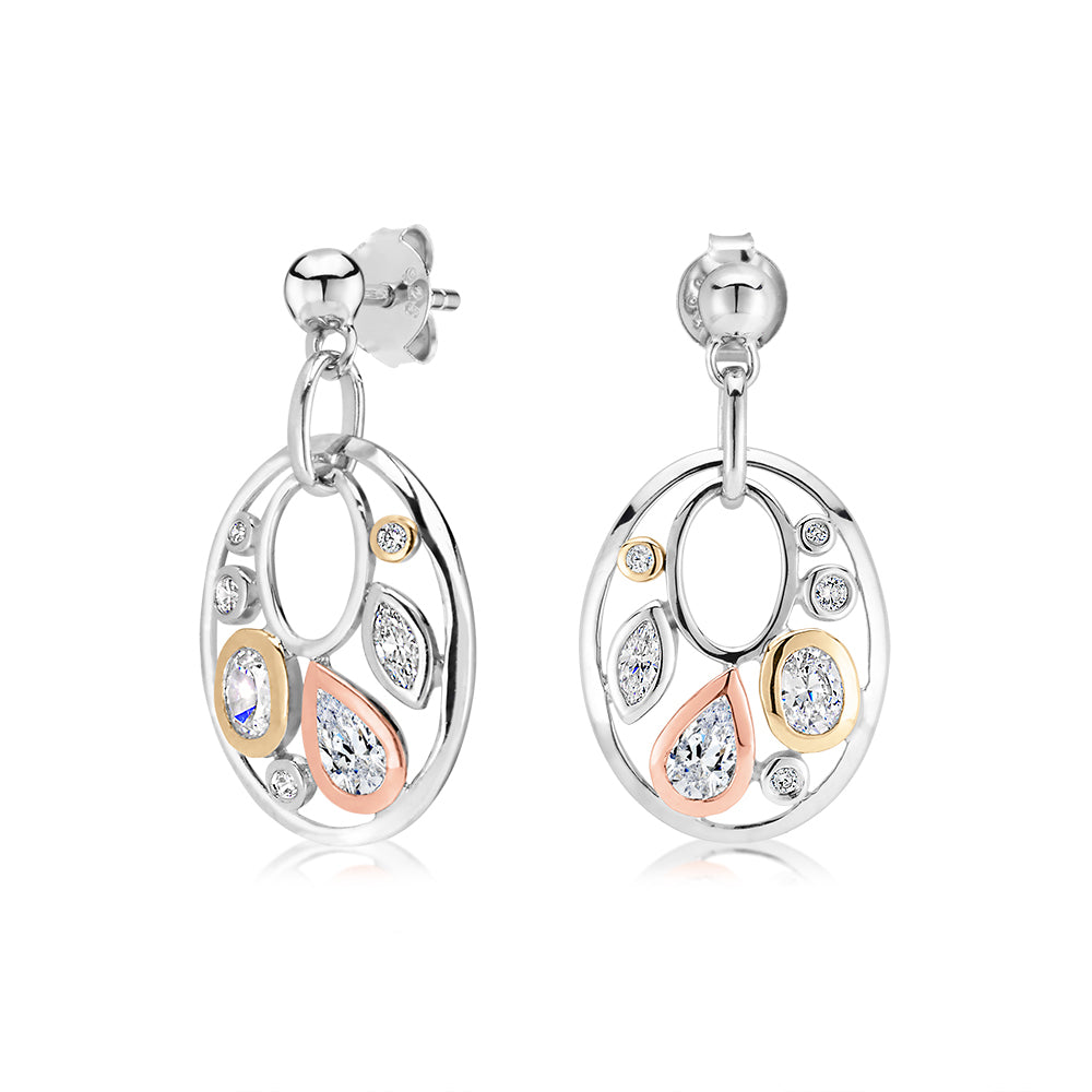 Oval and Pear drop earrings with 1.18 carats* of diamond simulants in 10 carat yellow and rose gold and sterling silver