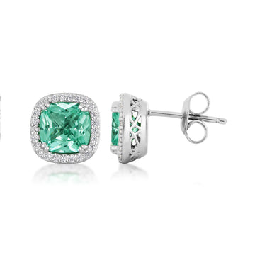 Cushion and Round Brilliant halo stud earrings with ocean green simulants and 0.25 carats* of diamond simulants in sterling silver secondary view