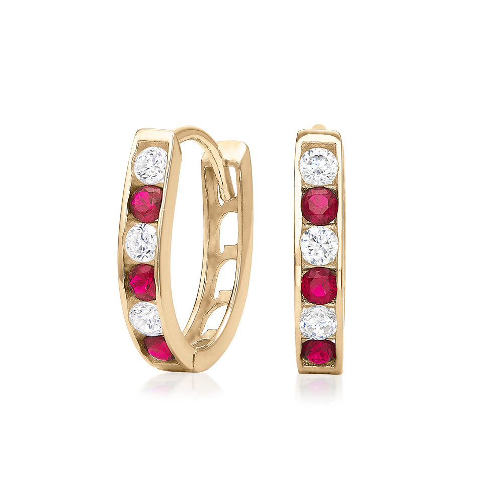 Round Brilliant hoop earrings with ruby and diamond simulants in 10 carat yellow gold