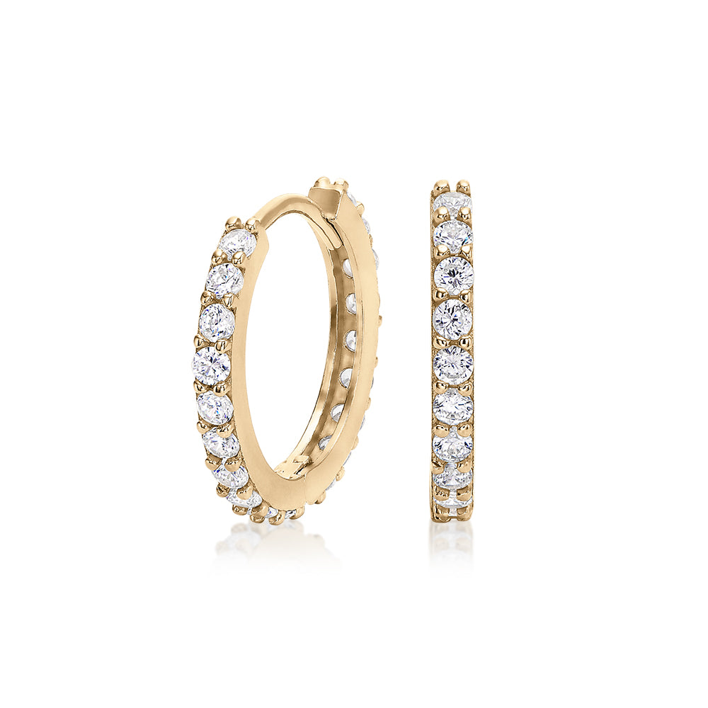 Round Brilliant hoop earrings with diamond simulants in 10 carat yellow gold