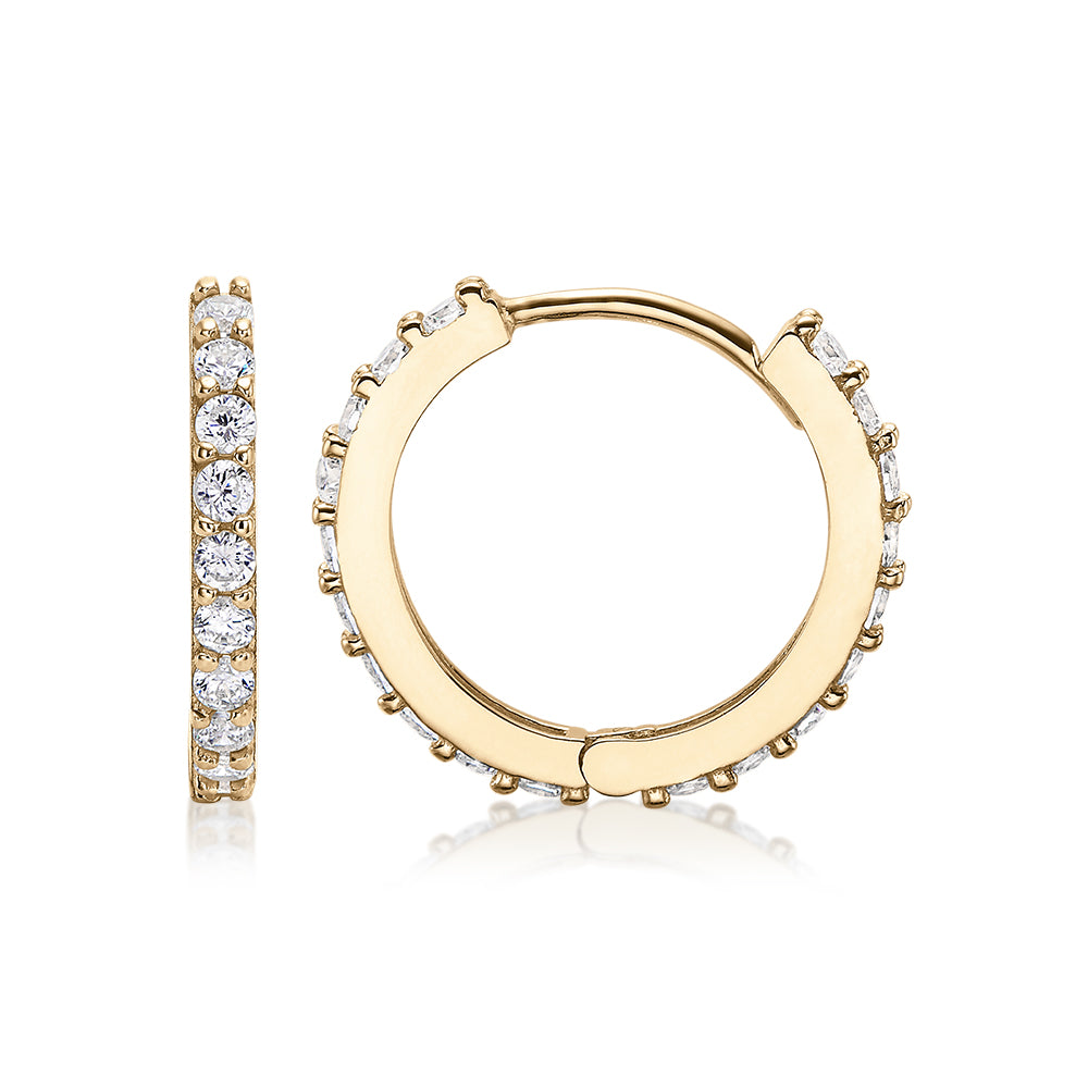 Round Brilliant hoop earrings with diamond simulants in 10 carat yellow gold
