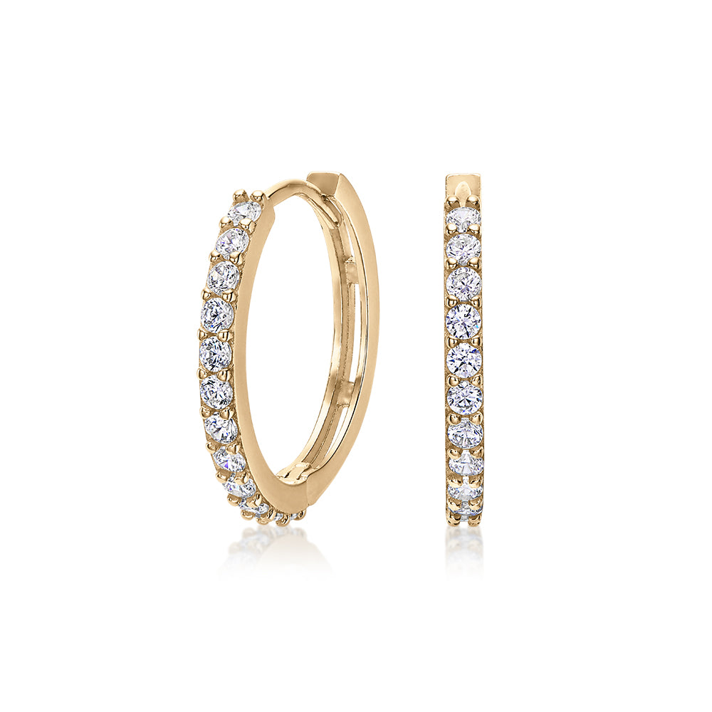 Round Brilliant hoop earrings with diamond simulants in 10 carat yellow gold