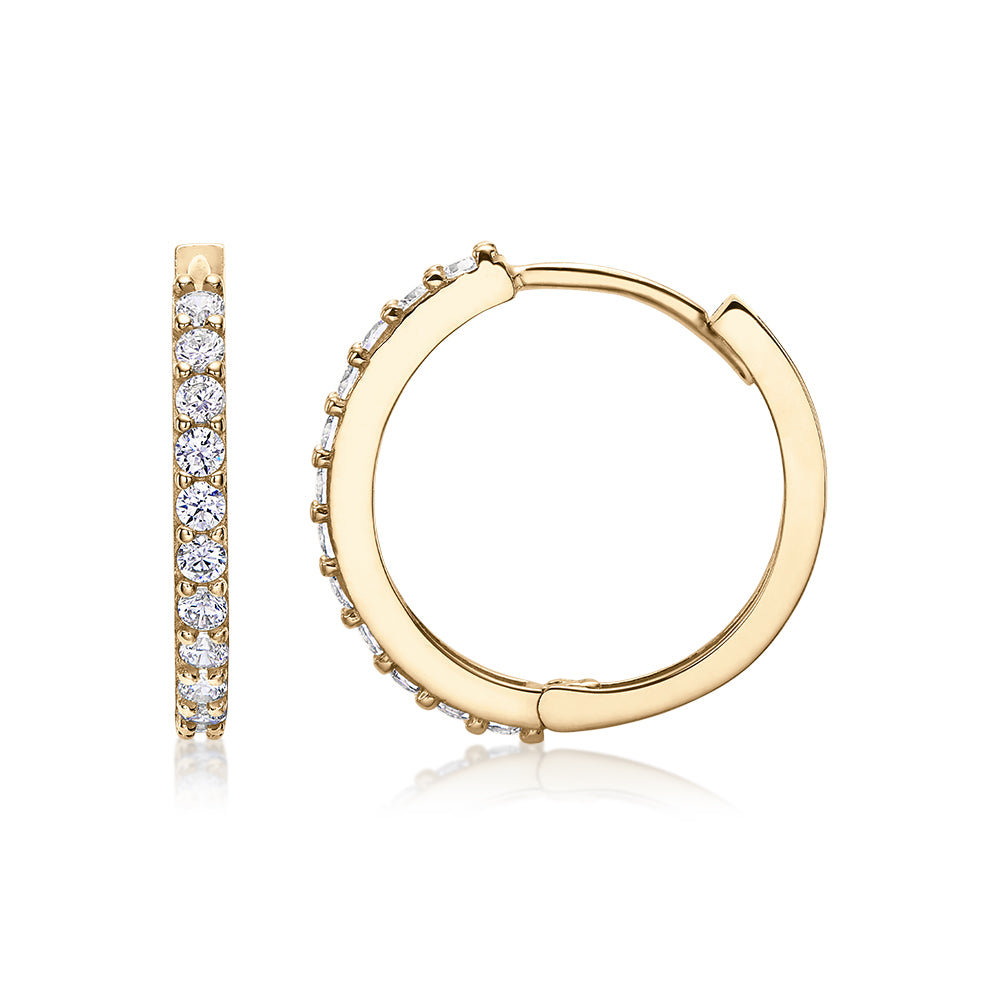 Round Brilliant hoop earrings with diamond simulants in 10 carat yellow gold