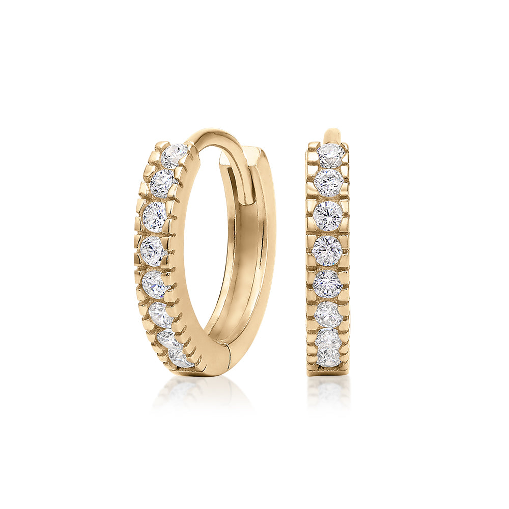 Round Brilliant hoop earrings with diamond simulants in 10 carat yellow gold