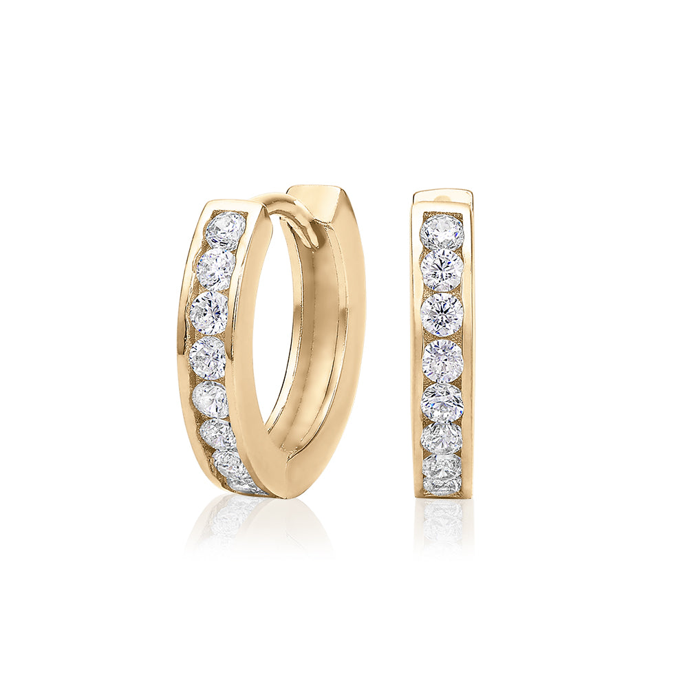 Round Brilliant hoop earrings with diamond simulants in 10 carat yellow gold