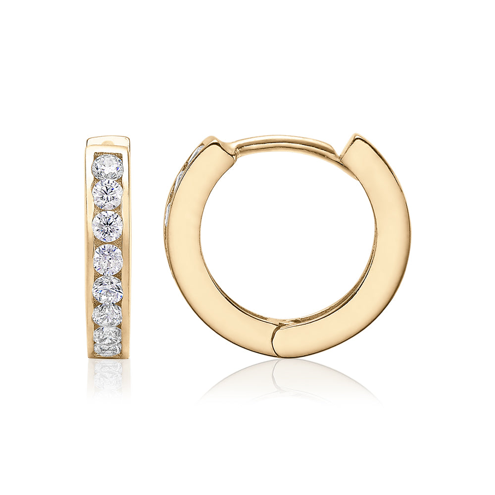 Round Brilliant hoop earrings with diamond simulants in 10 carat yellow gold
