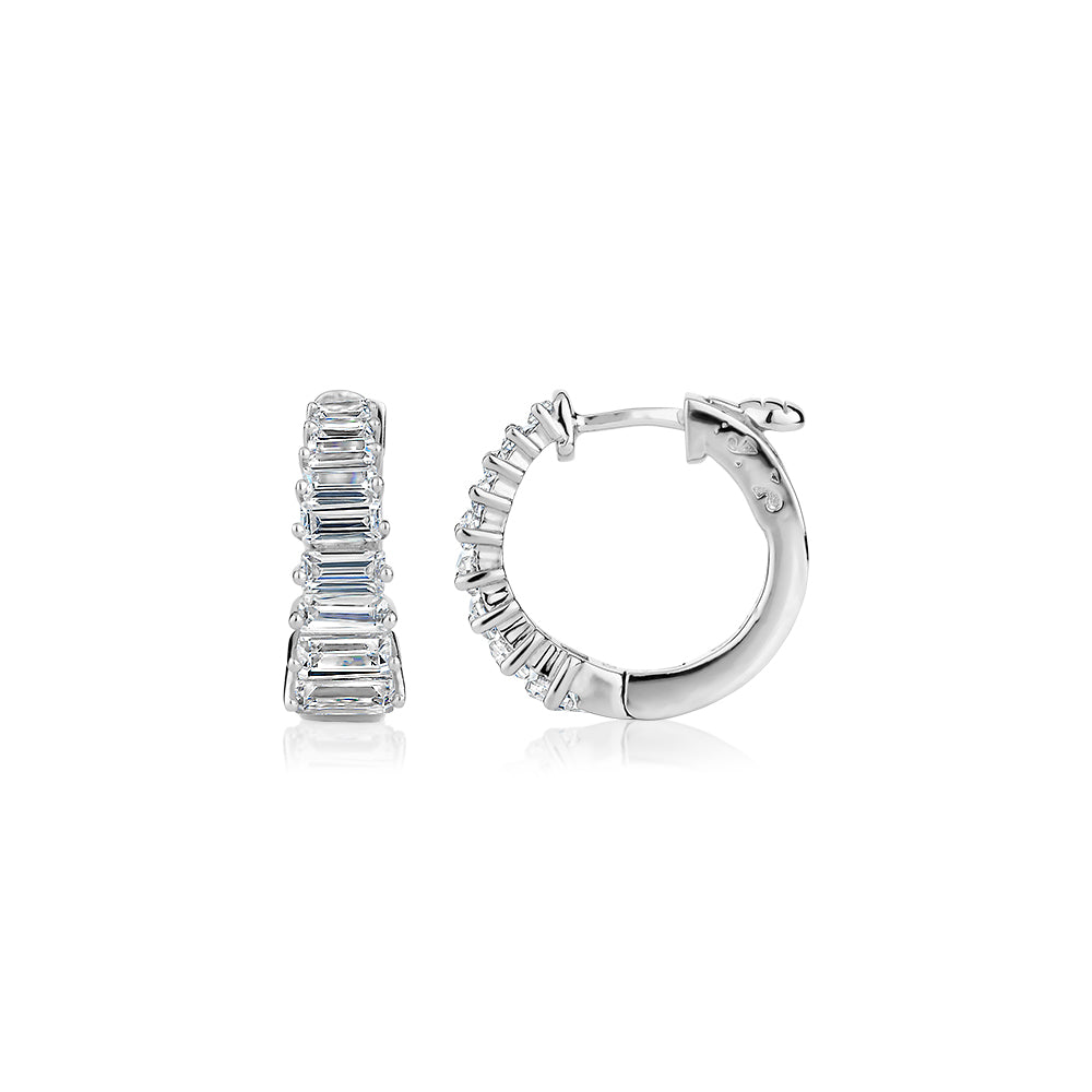 Emerald Cut hoop earrings with diamond simulants in sterling silver