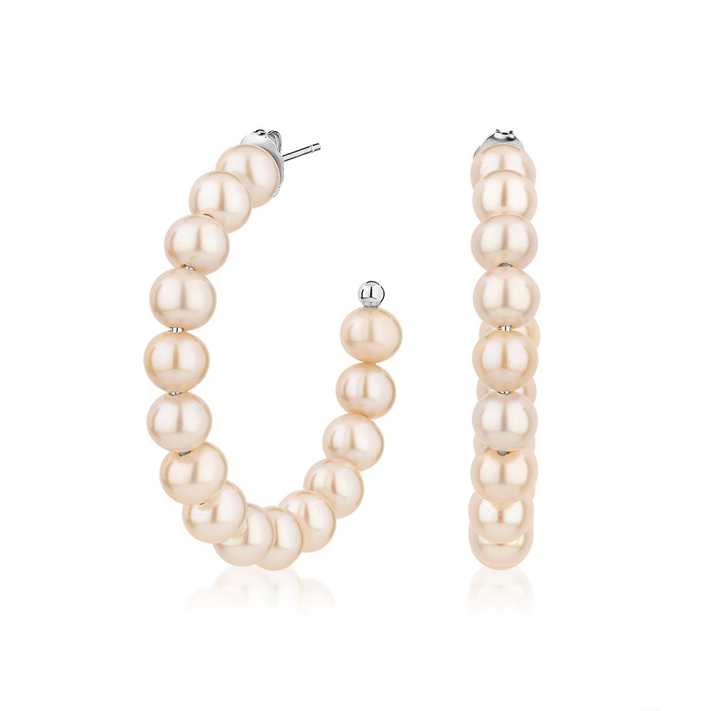 Cultured freshwater pearl hoop earrings in sterling silver