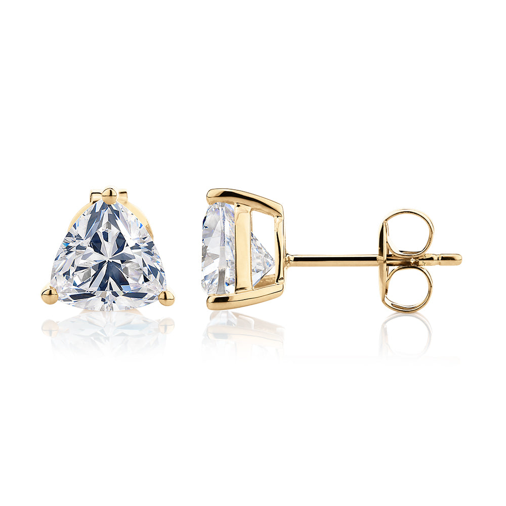 Trilliant stud earrings with 2.2 carats* of diamond simulants in 10 carat yellow gold